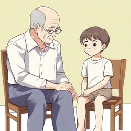 Create a manhwa-style illustration of a child and grandfather looking at each other from separate chairs