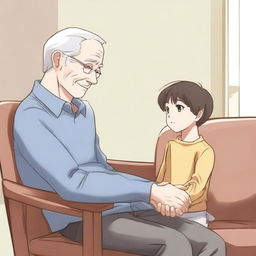 Create a manhwa-style illustration of a child and grandfather looking at each other from separate chairs