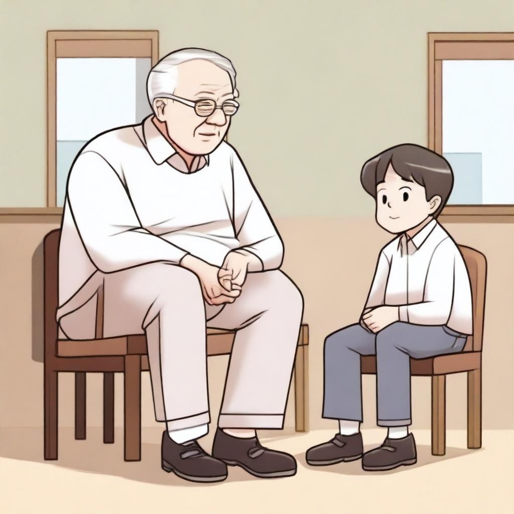 Create an illustration in the style of Naver Webtoon manhwa, depicting a child and grandfather looking at each other from separate chairs