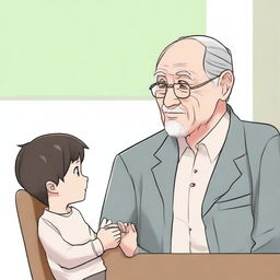 Create an illustration in the style of Naver Webtoon manhwa, depicting a child and grandfather looking at each other from separate chairs