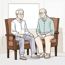 Create an illustration in the style of Naver Webtoon manhwa, depicting a child and grandfather looking at each other from separate chairs