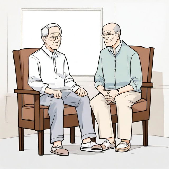 Create an illustration in the style of Naver Webtoon manhwa, depicting a child and grandfather looking at each other from separate chairs