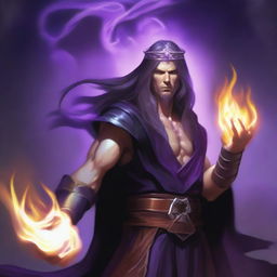 A white-skinned sorcerer with long, obscure hair, wearing a black leather tiara, a brown sleeveless tunic, and a black leather belt