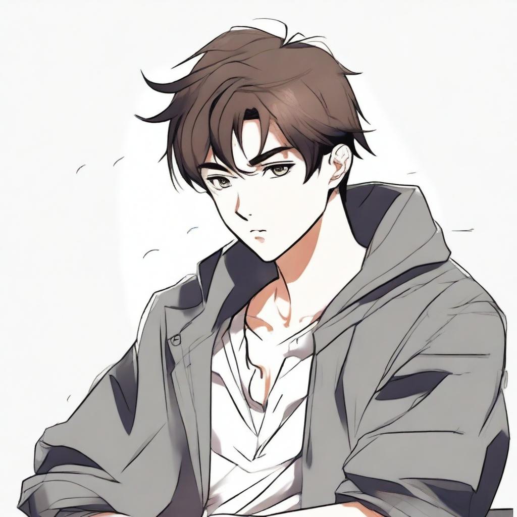 Create an illustration in manhwa style of a son deep in thought, looking to the right