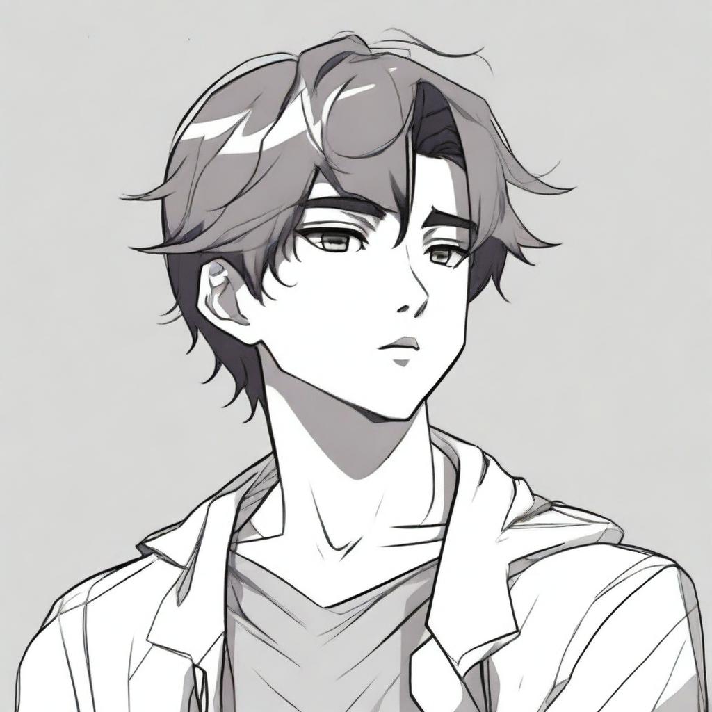 Create an illustration in manhwa style of a son deep in thought, looking to the right