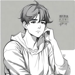 Create an illustration in manhwa style of a son deep in thought, looking to the right