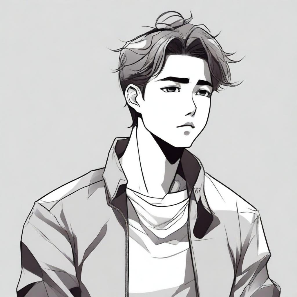 Create an illustration in manhwa style of a son deep in thought, looking to the right