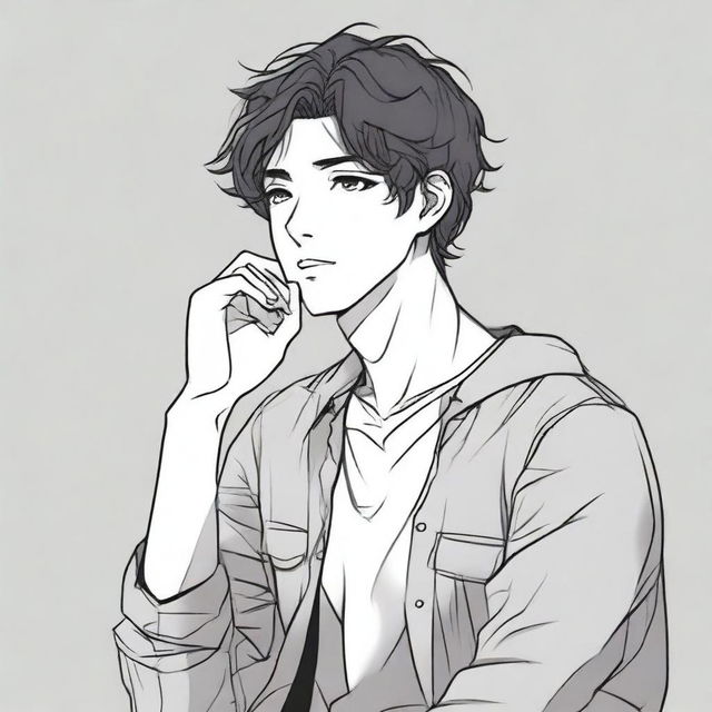 Create an illustration in manhwa style of a son deep in thought, looking to the right