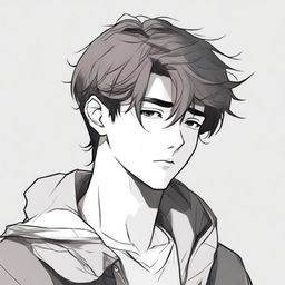 Create an illustration in manhwa style of a son deep in thought, looking to the right