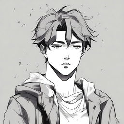 Create an illustration in manhwa style of a son deep in thought, looking to the right