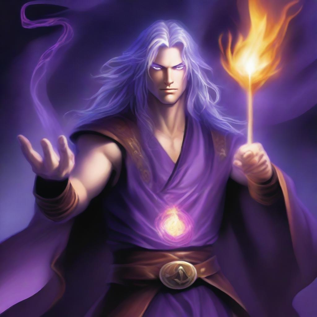 A white-skinned sorcerer with long, obscure hair, wearing a brown sleeveless tunic and a black leather belt