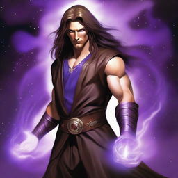 A white-skinned sorcerer with long, obscure hair, wearing a brown sleeveless tunic and a black leather belt