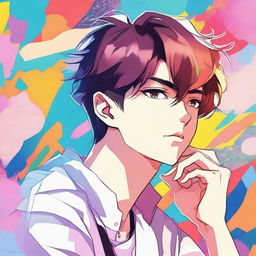 A young man is thinking deeply while looking to the right, illustrated in a vibrant and colorful manhwa style