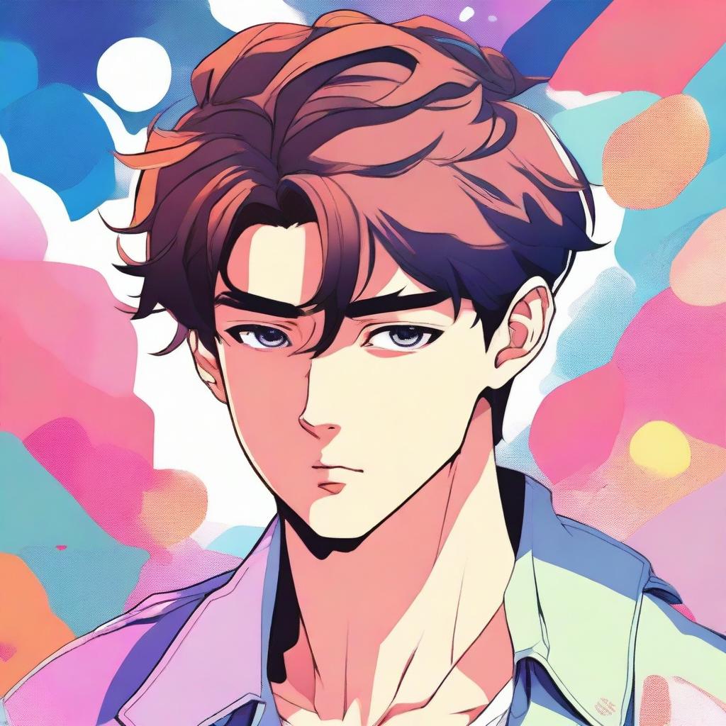 A young man is thinking deeply while looking to the right, illustrated in a vibrant and colorful manhwa style