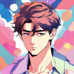 A young man is thinking deeply while looking to the right, illustrated in a vibrant and colorful manhwa style