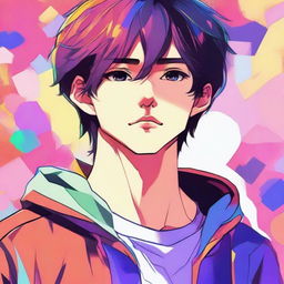 A young man is thinking deeply while looking to the right, illustrated in a vibrant and colorful manhwa style