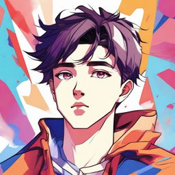 A young man is thinking deeply while looking to the right, illustrated in a vibrant and colorful manhwa style