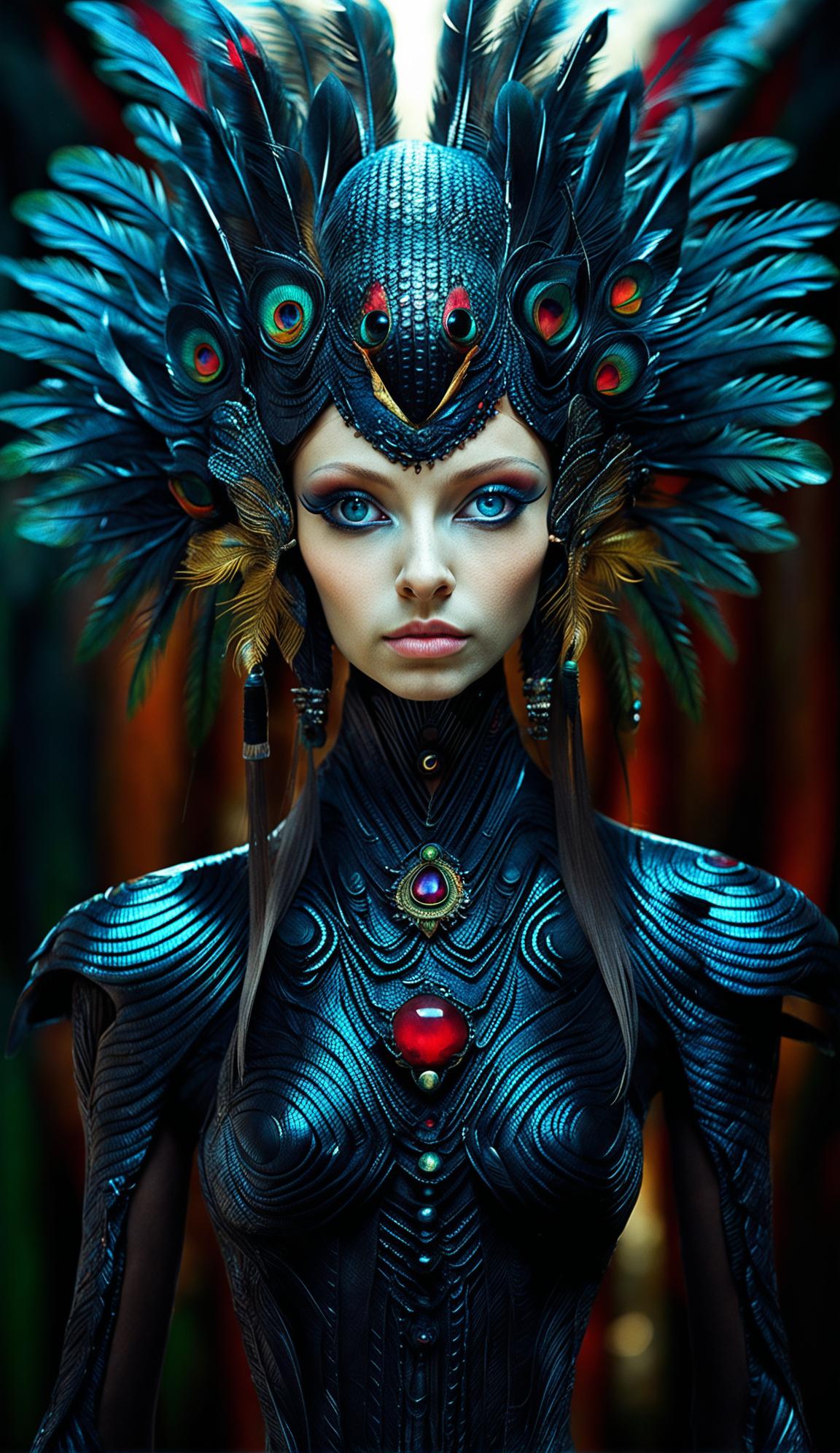 A beautiful alien with humanoid features, ruby-red irises, large eyes with dilated pupils, and skin as black as night is captured in a symmetrical pose. Her hair is made of peacock feathers and rubies are embedded in her skin to form a crown and patterns trailing down her neck. She has extremely sharp high cheekbones.