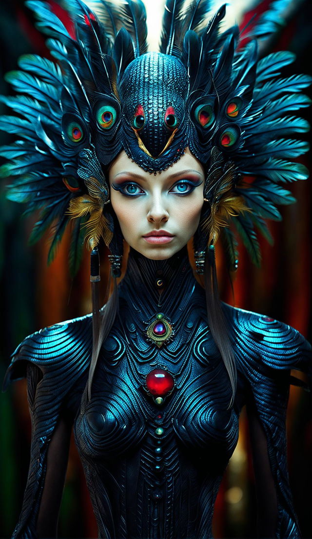 A beautiful alien with humanoid features, ruby-red irises, large eyes with dilated pupils, and skin as black as night is captured in a symmetrical pose. Her hair is made of peacock feathers and rubies are embedded in her skin to form a crown and patterns trailing down her neck. She has extremely sharp high cheekbones.