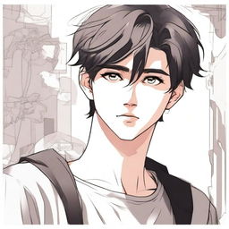 A young man is thinking deeply while looking to the right, illustrated in a detailed manhwa style