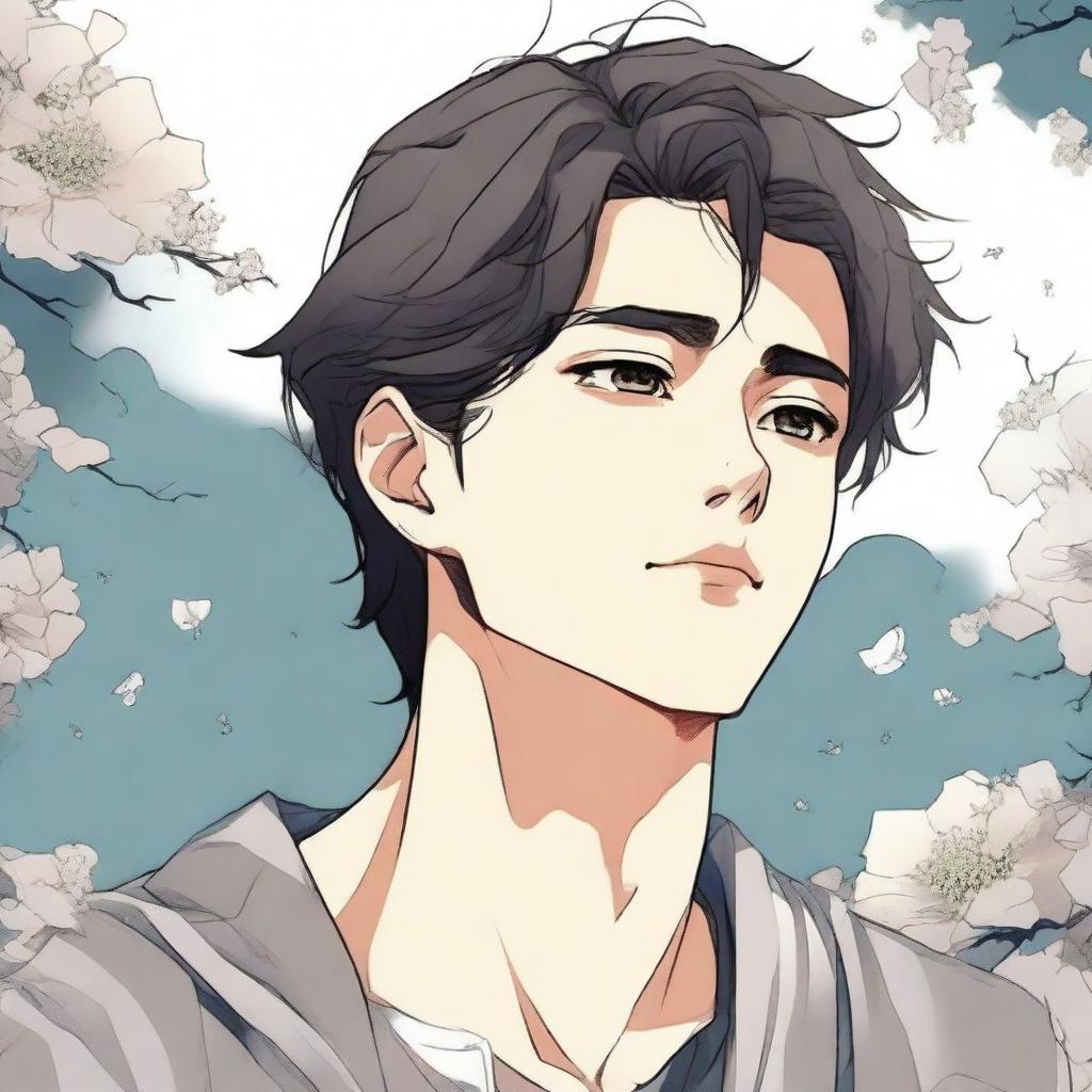 A young man is thinking deeply while looking to the right, illustrated in a detailed manhwa style