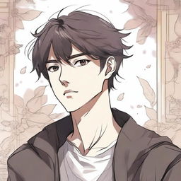 A young man is thinking deeply while looking to the right, illustrated in a detailed manhwa style