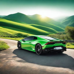 A sleek green Lamborghini Huracan parked on a scenic road