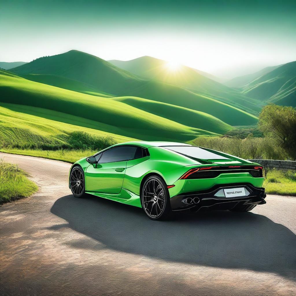 A sleek green Lamborghini Huracan parked on a scenic road