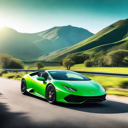 A sleek green Lamborghini Huracan parked on a scenic road