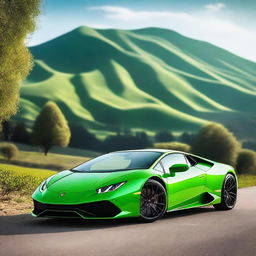 A sleek green Lamborghini Huracan parked on a scenic road