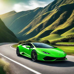 A sleek green Lamborghini Huracan parked on a scenic road