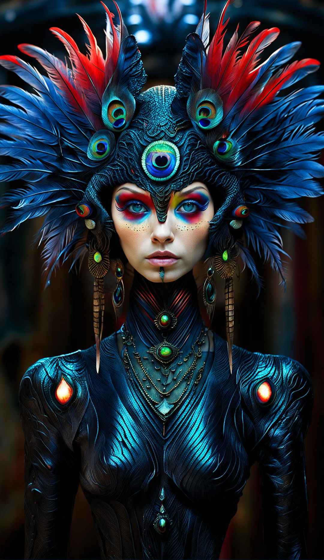 An alien with humanoid features, ruby-red irises, large eyes with dilated pupils, and skin as black as night is captured in a symmetrical pose. Her hair is made of peacock feathers and rubies are embedded in her skin to form a crown and patterns trailing down her neck. She has extremely sharp high cheekbones.