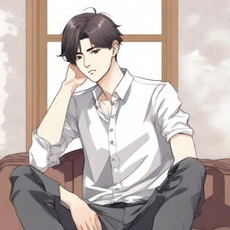 A young man is sitting on a chair, thinking deeply while looking to the right, illustrated in a detailed manhwa style