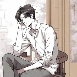 A young man is sitting on a chair, thinking deeply while looking to the right, illustrated in a detailed manhwa style