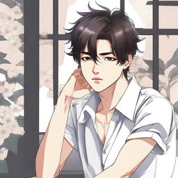 A young man is sitting on a chair, thinking deeply while looking to the right, illustrated in a detailed manhwa style