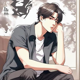 A young man is sitting on a chair, thinking deeply while looking to the right, illustrated in a detailed manhwa style