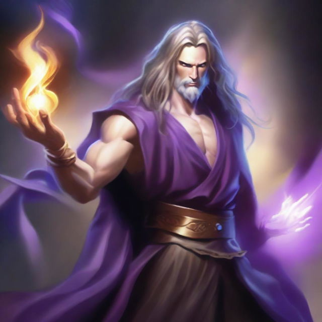 A white-skinned sorcerer with long, obscure hair, wearing a brown sleeveless tunic and a black leather belt