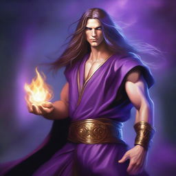 A white-skinned sorcerer with long, obscure hair, wearing a brown sleeveless tunic and a black leather belt