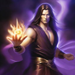 A white-skinned sorcerer with long, obscure hair, wearing a brown sleeveless tunic and a black leather belt