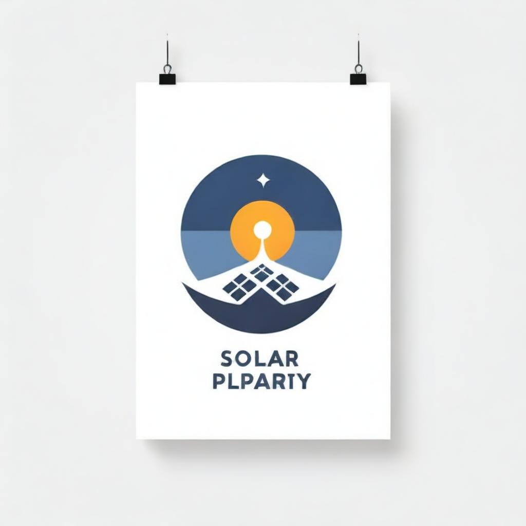 A landscape poster featuring a sleek logo with solar panels on a pure white background evoking elegance and simplicity, for a solar energy company.