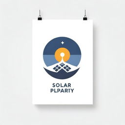 A landscape poster featuring a sleek logo with solar panels on a pure white background evoking elegance and simplicity, for a solar energy company.