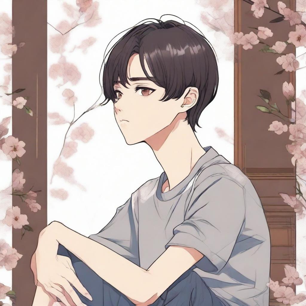 A boy is sitting on a chair, thinking deeply while looking to the right, illustrated in a detailed manhwa style