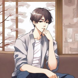 A boy is sitting on a chair, thinking deeply while looking to the right, illustrated in a detailed manhwa style