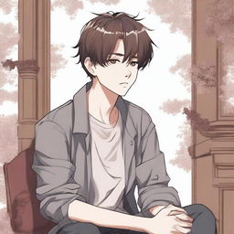 A boy is sitting on a chair, thinking deeply while looking to the right, illustrated in a detailed manhwa style