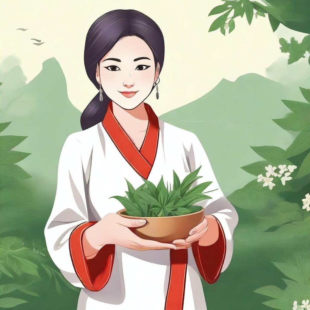 A female medic in traditional clothing holding medicinal herbs