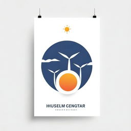 A landscape poster featuring a sleek logo with solar panels on a pure white background evoking elegance and simplicity, for a solar energy company.