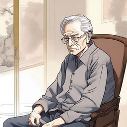 An old man is sitting on a chair, thinking deeply while looking to the left, illustrated in a detailed manhwa style