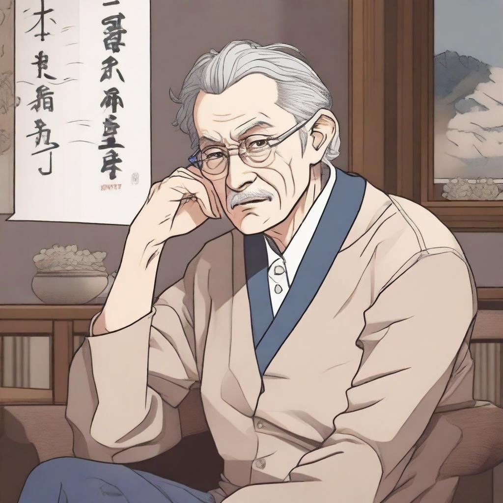 An old man is sitting on a chair, thinking deeply while looking to the left, illustrated in a detailed manhwa style