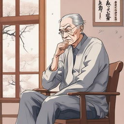 An old man is sitting on a chair, thinking deeply while looking to the left, illustrated in a detailed manhwa style