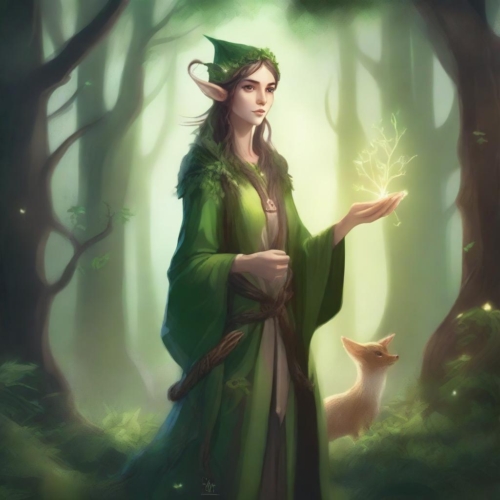 A detailed fantasy illustration of an elf druid standing in a mystical forest